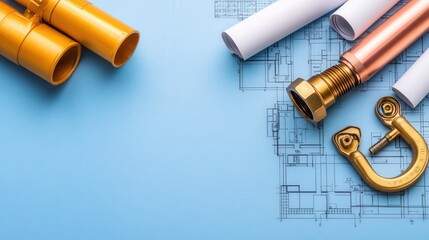 plumbing pipes and connections blueprint on blue background, copy space