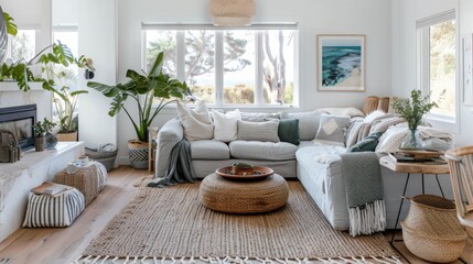 Fototapeta premium coastal Scandinavian living room , Scandinavian coastal living room , cozy textiles living room