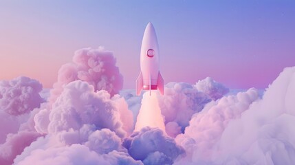Naklejka premium Futuristic-themed rocket taking off with clouds and website graphics
