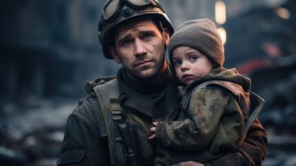 Fototapeta premium Brave Soldier Rescuing Distressed Child in Devastated Village Amidst Chaos