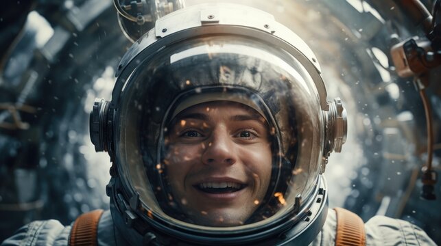 Close-up portrait of a young male astronaut in a spacesuit with his helmet on