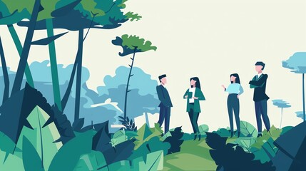 A group of four business professionals stand together in a lush, green forest setting.  They are discussing ideas and plans for the future.