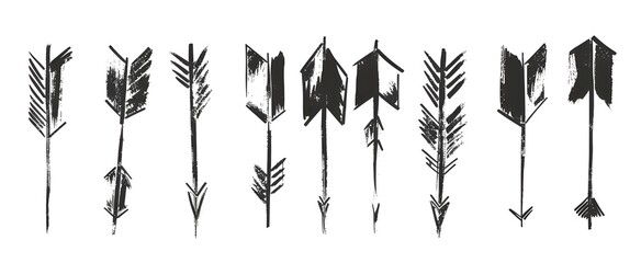 Black hand drawn arrows on a white background, vector illustration, simple design with flat colors and brush strokes. The arrows are of different shapes and sizes with white space.