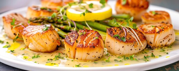 Exquisite Italian panseared scallops with a lemon butter sauce and asparagus, elegantly plated with microgreens Tender and succulent, vibrant and refined, highend Italian cuisine