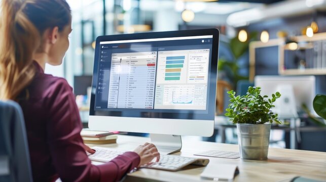 Human resources management software on computer screen helping human resources employee to manage recruitment, payroll, staff searching and KPI evaluation snugly