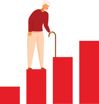 Senior man with walking stick climbing growing chart bars, concept of longevity, increasing life expectancy