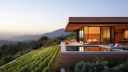 elevated ultramodern tourist accommodations are nestled on a vineyard slope, offering unique, luxurious single units with panoramic views,