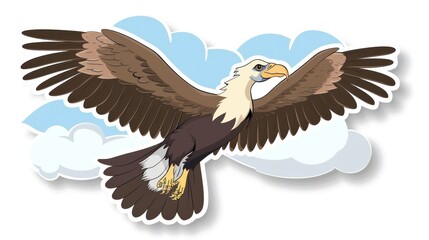 Fototapeta premium Cartoon eagle with brown and white feathers soaring through blue sky with clouds.