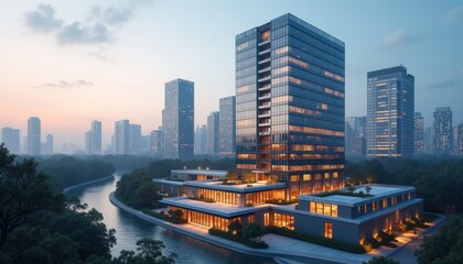 Fototapeta premium Modern Skyscraper with River and Cityscape at Dusk.