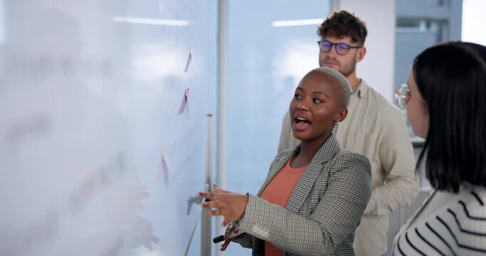 Business people, code and discussion with whiteboard for planning, problem solving and collaboration. Network or software engineers, team and communication for algorithm design and development.