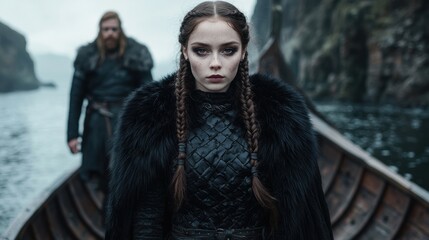woman in fur-trimmed black coat and braided hair standing on snowy path