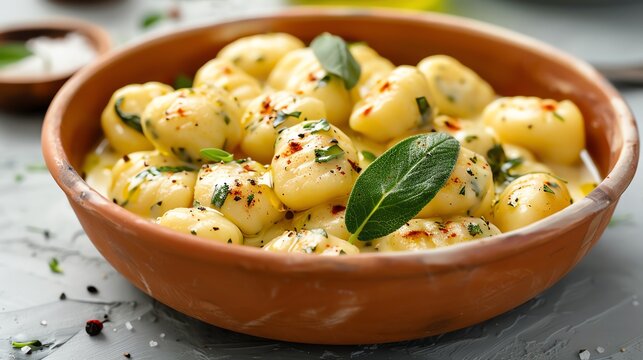 Traditional Italian gnocchi with organic sage butter sauce, served in a rustic bowl Soft and pillowy, rich and flavorful, comforting and hearty, Italian cuisine