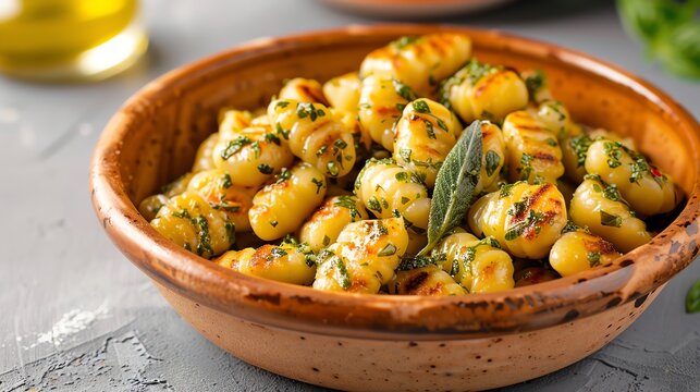 Traditional Italian gnocchi with organic sage butter sauce, served in a rustic bowl Soft and pillowy, rich and flavorful, comforting and hearty, Italian cuisine