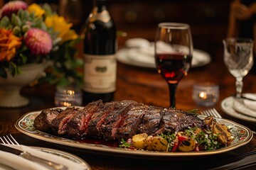 This rustic composition features succulent roast beef in a warm and inviting atmosphere. Handcrafted wooden utensils accompany the plate, elegantly folded white linen napkins