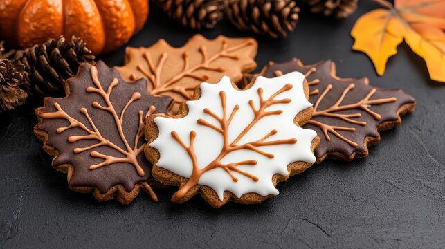 Autumn-themed gingerbread cookies with decorative icing