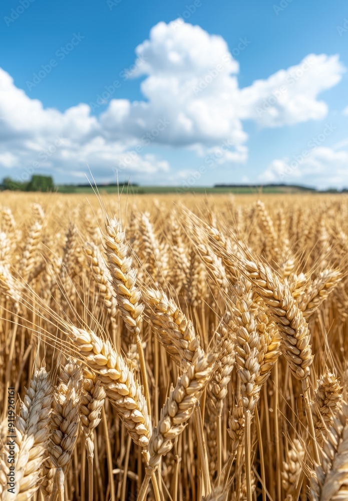 Wall mural Golden wheat field under a blue sky with fluffy clouds