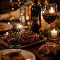 This rustic composition features succulent roast beef in a warm and inviting atmosphere. Handcrafted wooden utensils accompany the plate, elegantly folded white linen napkins