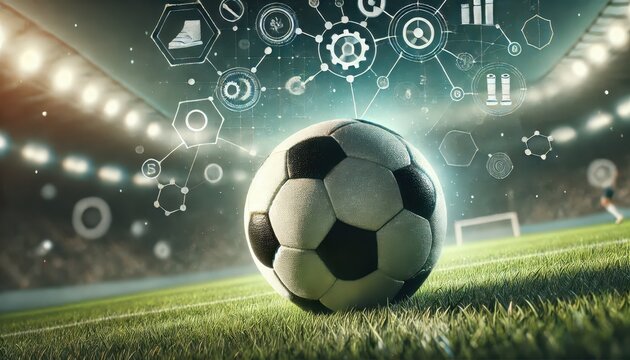 Soccer Ball on Grass with Futuristic Technology and Data Interface.