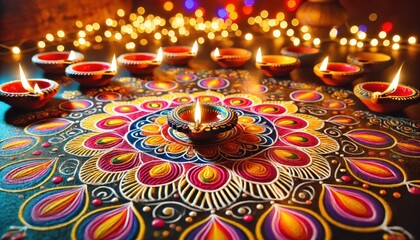 Fototapeta premium Diwali Festival Celebration with Lit Diyas and Colorful Rangoli Design.