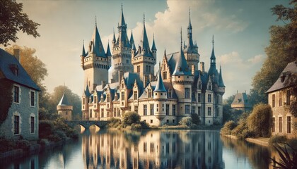 Obraz premium Majestic Medieval Castle Reflected in Tranquil Water, Vintage Style