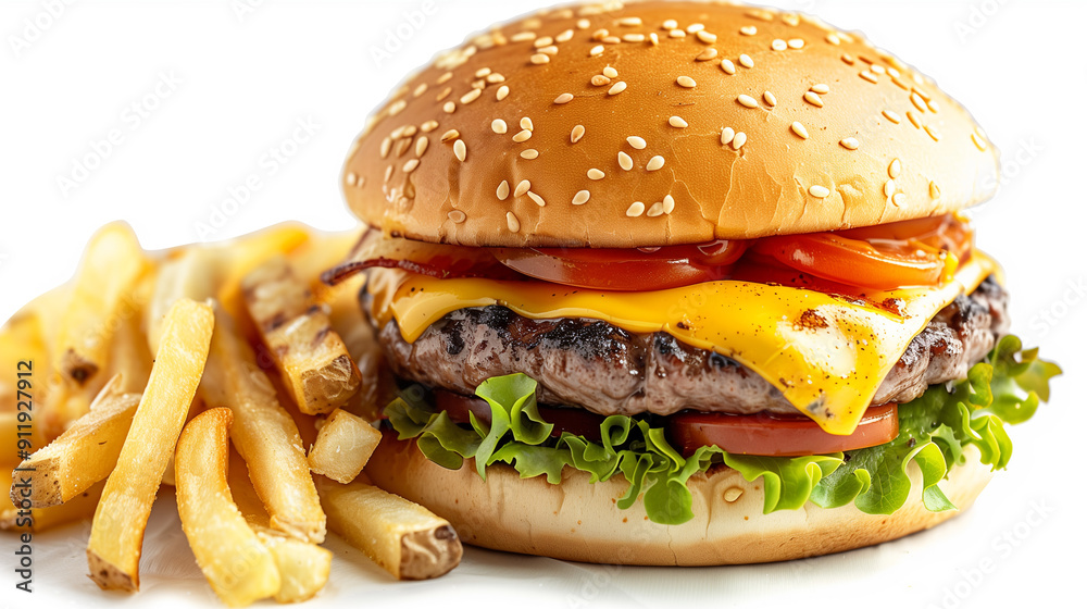 Wall mural Tasty Cheeseburger with Grilled Beef and Fries on a Transparent Cut-Out Background