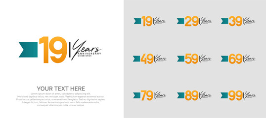 anniversary logotype set. orange number and blue ribbon for celebration