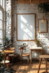 Empty frame mockup in a cafe with a white brick wall.