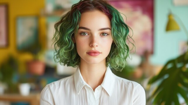 young woman with green dyed hair posing in colorful room