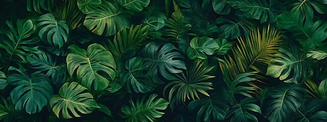Fototapeta premium Lush green tropical leaves arranged in a vibrant natural pattern.