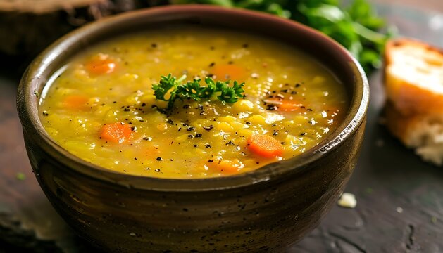 Pea soup in a bowl on a wooden table
