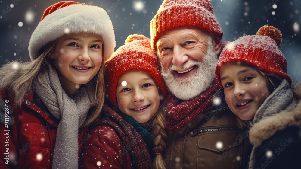 Wall mural Happy Friends wearing winter clothes celebrating Christmas holiday. People having fun hanging out together walking on city street. Winter holidays and relationship concept