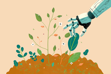 Robotic hand caring of plants. Modern technologies, using AI concept