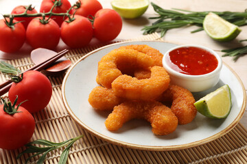 Tasty breaded fried shrimps served with lime and sauce on table