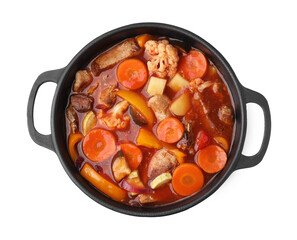 Tasty homemade stew with vegetables in dish isolated on white, top view