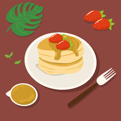 Fluffy Japanese Pancakes  with honey and strawberry vector illustration 