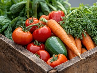 Assortment of fresh organic vegetables in wooden crate