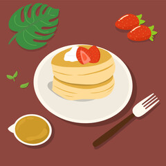 Fluffy Japanese Pancakes  with cream and strawberry vector illustration 