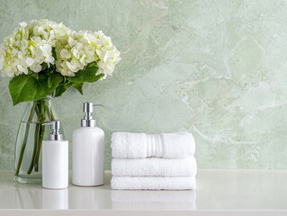 Elegant bathroom decor with fresh white hydrangeas