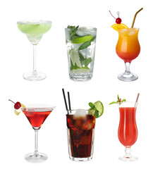 Many different cocktails in glasses isolated on white, collection