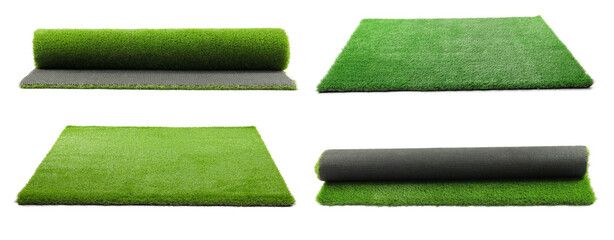 Green artificial turf isolated on white, set