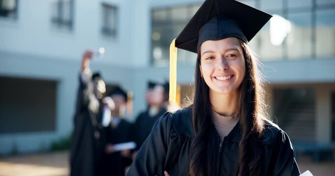 Happy woman, face and student with certificate in graduation for education, learning or qualification at university. Portrait of female person or young graduate with smile for degree or scholarship