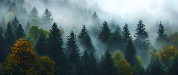 Misty forest with tall evergreen trees and a hint of fall foliage.