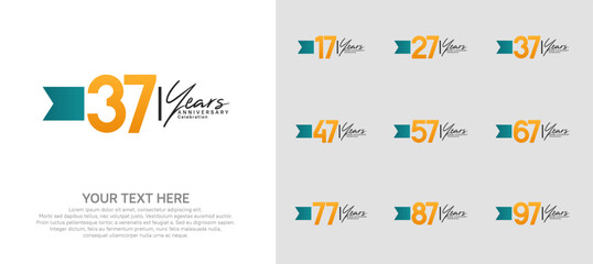 anniversary logotype set. orange number and blue ribbon for celebration