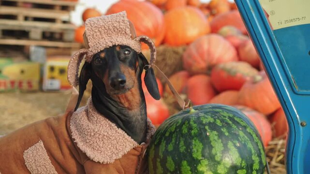 A cute dog in a colorful costume poses happily with a watermelon at a vibrant pumpkin patch decorated for autumn