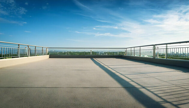 晴れた校舎の屋上。コンクリート、手すり、青空のある屋上の風景。A sunny day on the roof of a school building. A rooftop view with concrete, railings and blue sky.