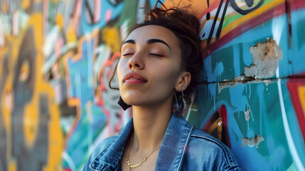 Naklejka premium A young woman in a denim jacket stands confidently against a wall with colorful graffiti. Her eyes are closed and she is looking upwards, possibly in thought or reflection