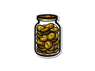 A glass jar filled with gold coins, isolated on a white background.