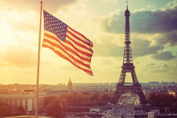 American flag with the Eiffel Tower in the background. Americans at the 2024 Olympics