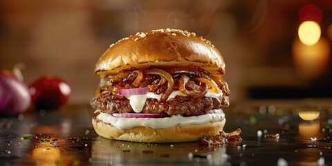 Burger with caramelized onions and creamy mayonnaise presented on a sleek metal surface Indulgent...