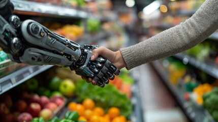 A handshake between a futuristic AI robotic and a woman in a grocery store aisle with produce showing the partnership between human and robot in food and diet